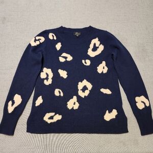 J. Crew Navy Blue and Cream Leopard Print Cashmere Sweater Size XS